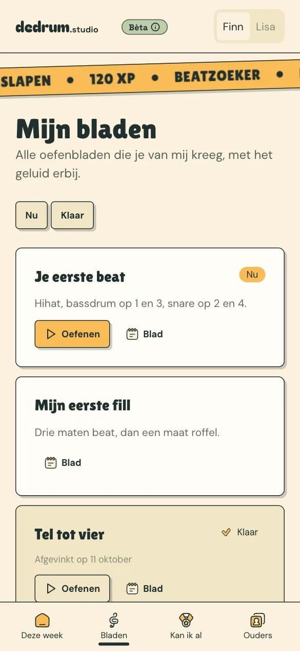 Het scherm Mijn bladen met oefenbladen en een knop Oefenen