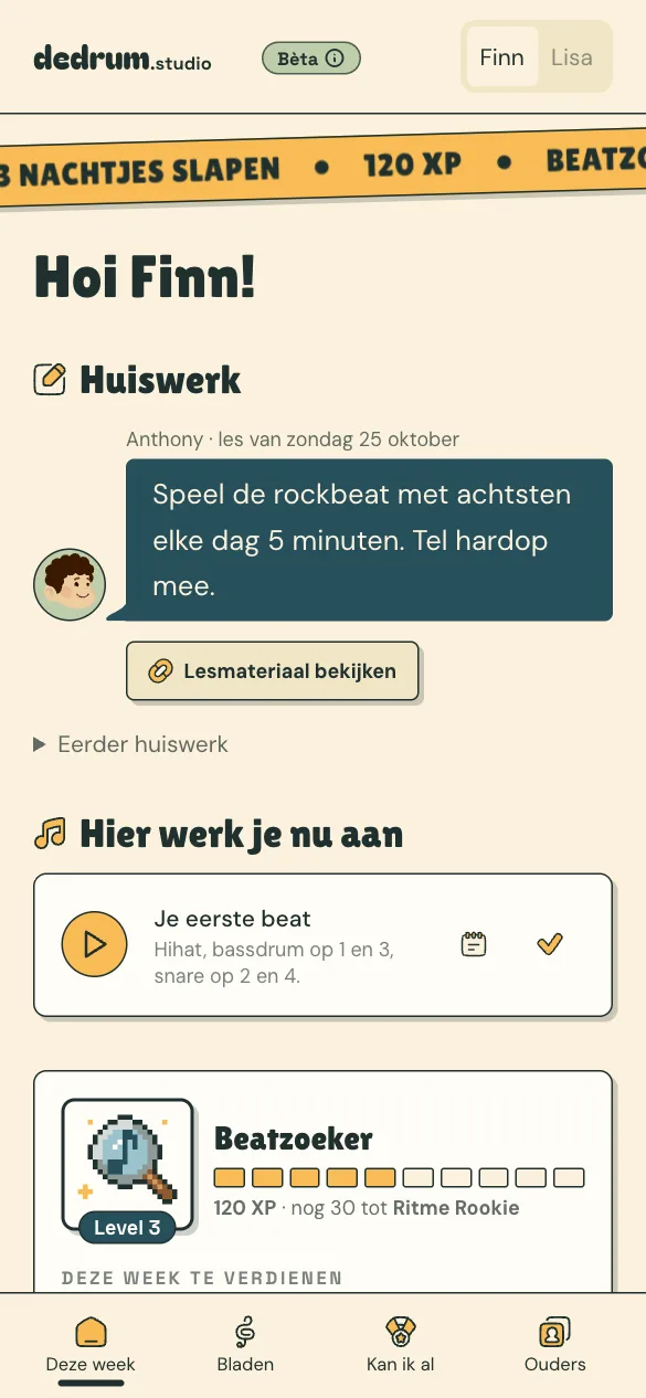 Het scherm Deze week: begroeting, de volgende les en het huiswerk van deze week
